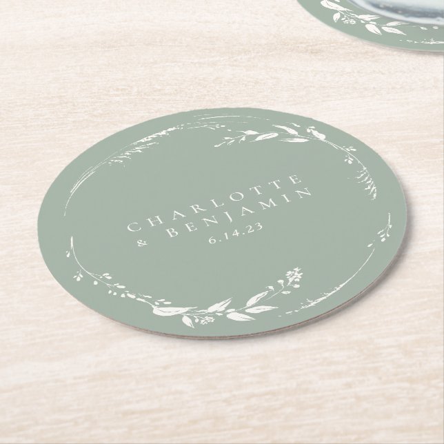 Sage Green Floral Wreath Monogram Personalised  Round Paper Coaster (Angled)