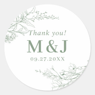 Sage Green Floral Wreath Monogram Thank you Classic Round Sticker