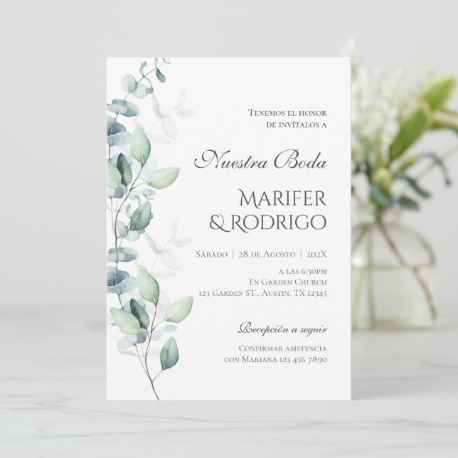 Sage Green Flores wedding invitation (Standing Front)