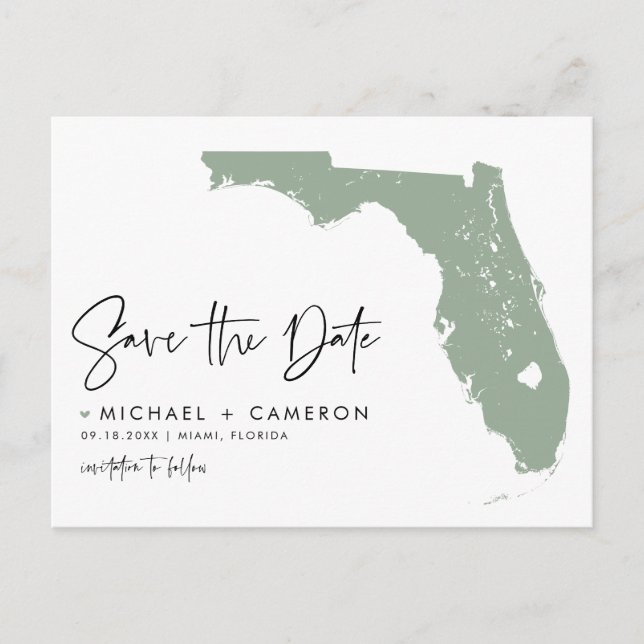 Sage Green Florida Map Modern Script Save the Date Announcement Postcard (Front)