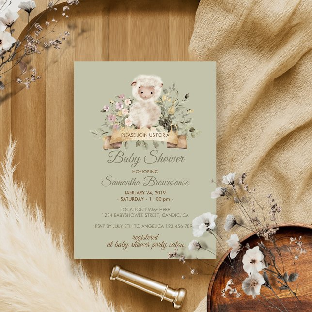 Sage Green Flower Cute Sheep Lamb Invitation (Creator Uploaded)