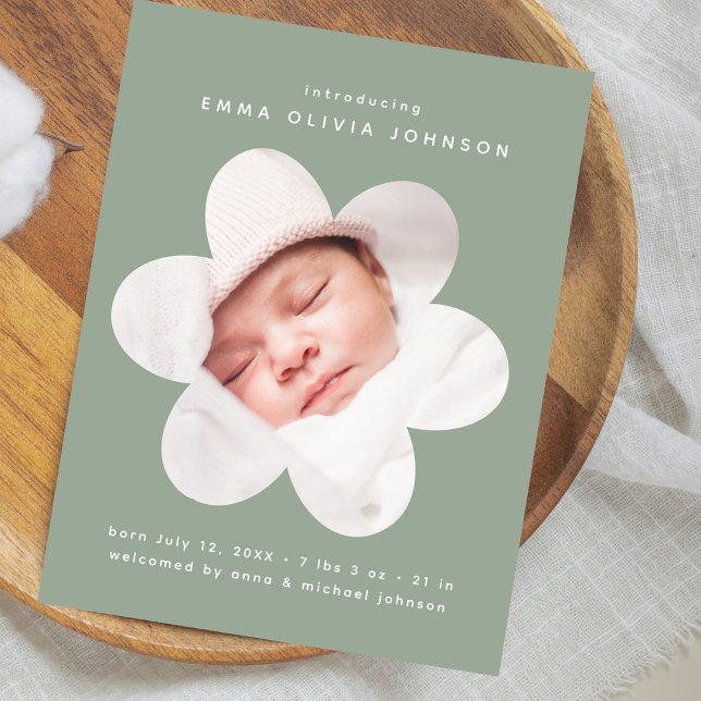 Sage Green Flower Scalloped Photo Birth Announceme Postcard (Creator Uploaded)