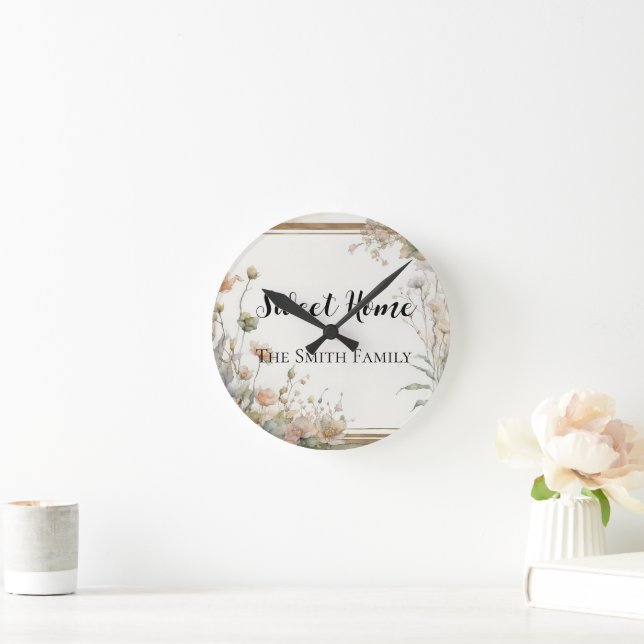 sage green flower - text personalised round clock (Home)