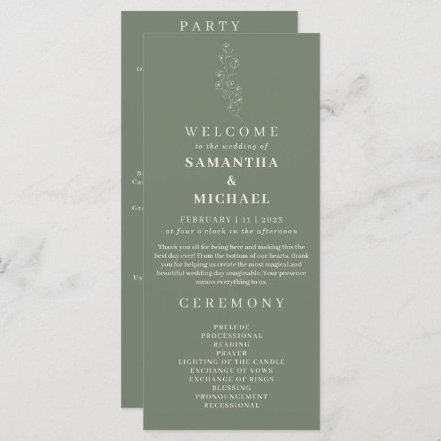Sage Green Flower Tiny Floral Wedding Program (Front/Back)