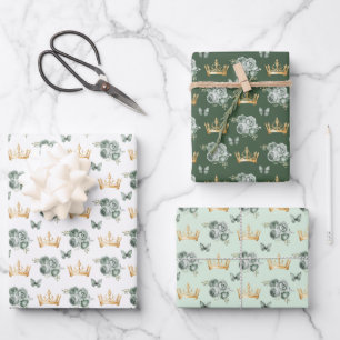 Sage Green Flowers and Gold Crowns Wrapping Paper Sheet