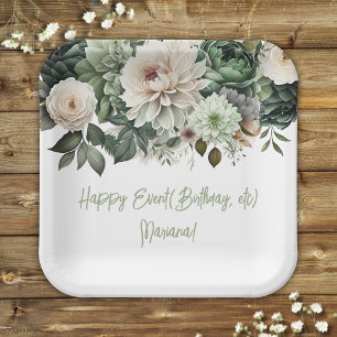 Sage Green Flowers Floral Party Paper Plate
