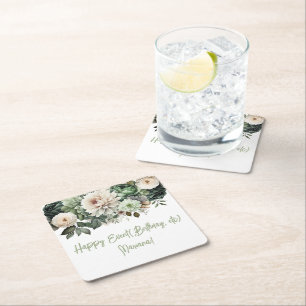 Sage Green Flowers Floral  Party Square Paper Coaster