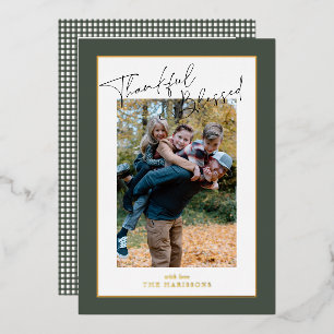 Sage Green foil gingham Thanksgiving family photo Holiday Card