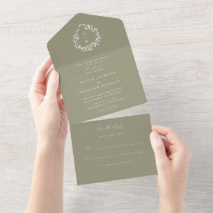 Sage Green Foliage Crest All in One Wedding Invite