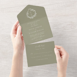 Sage Green Foliage Crest All in One Wedding Invite