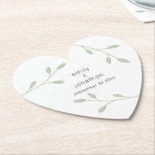 Sage Green Foliage Dusty Names Date Wedding Heart Paper Coaster