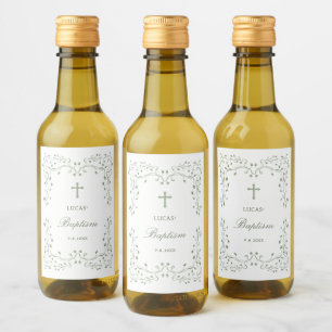 Sage Green Foliage Frame Baptism Small Wine Label
