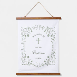 Sage Green Foliage Frame Baptism Welcome Hanging Tapestry