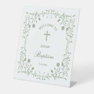 Sage Green Foliage Frame Baptism Welcome Pedestal Sign