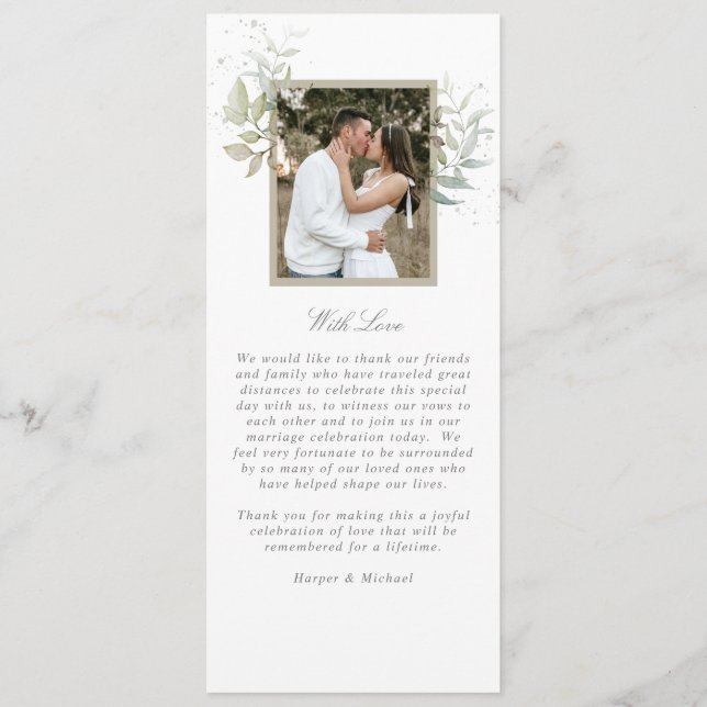 Sage green foliage photo wedding  program (Back)
