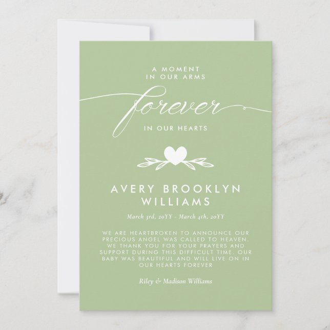 Sage Green Forever In Our Hearts Baby Memorial Invitation (Front)