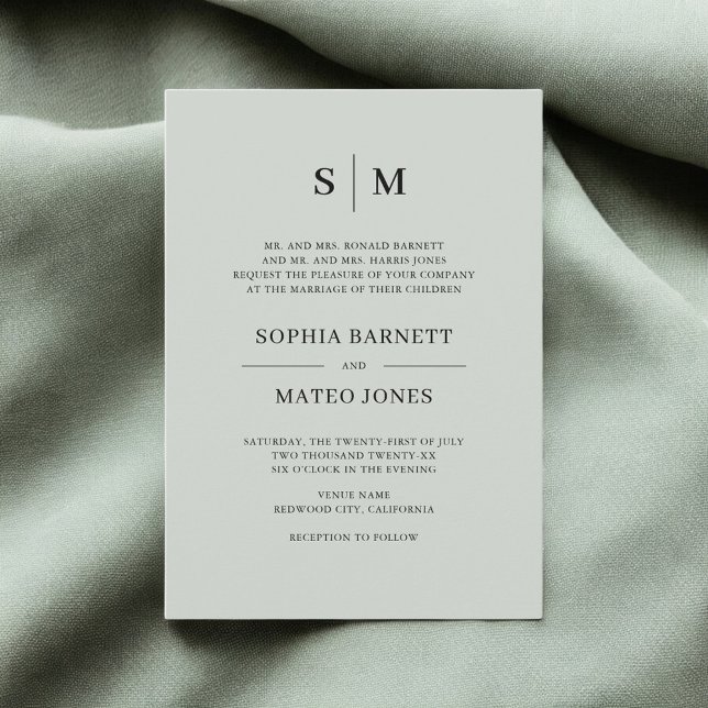 Sage Green Formal Monogram Elegant Wedding Invitat Invitation (Creator Uploaded)