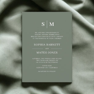 Sage Green Formal Monogram Elegant Wedding Invitation