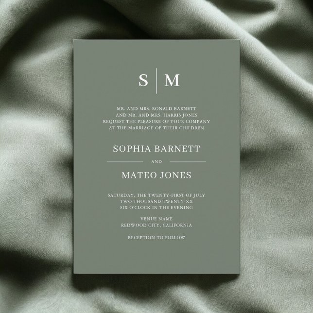 Sage Green Formal Monogram Elegant Wedding  Invitation (Creator Uploaded)