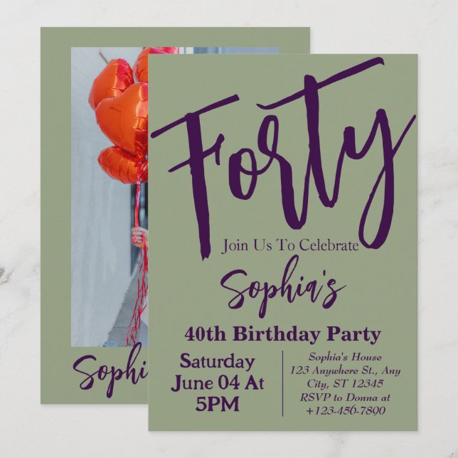 Sage Green Forty Modern 40th Birthday Party Photo  Invitation (Front/Back)