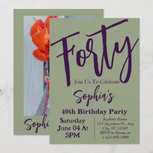 Sage Green Forty Modern 40th Birthday Party Photo  Invitation