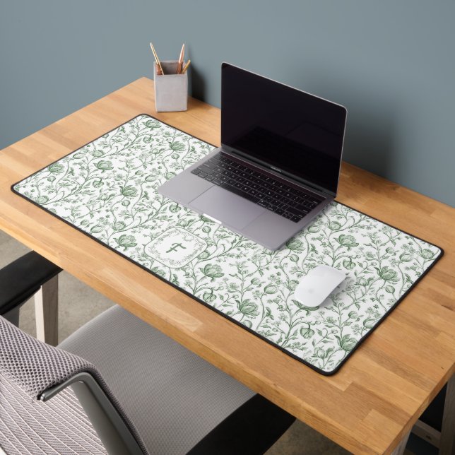 Sage Green French Country Chic Toile Monogram Desk Mat (Office 2)