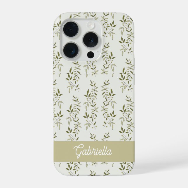 Sage green French country Olive pattern Name iPhone Case (Back)