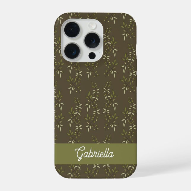 Sage green French country Olive pattern Name iPhone Case (Back)