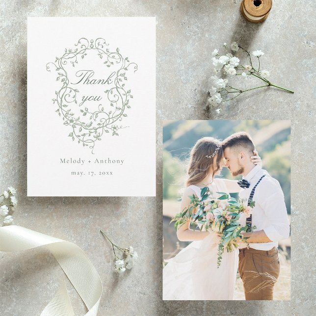 Sage Green French Floral Crest Wedding Photo Thank You Card (Front & Back)