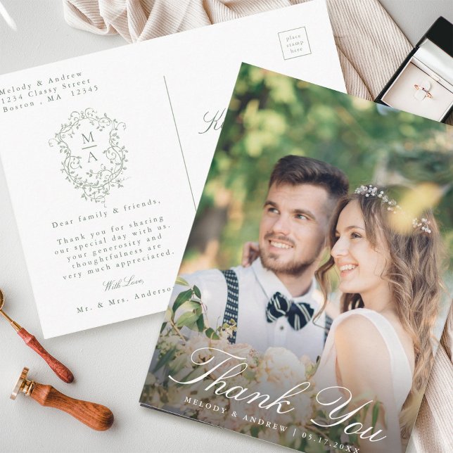 Sage Green French Floral Crest Wedding Thank You  Postcard (Front & Back)