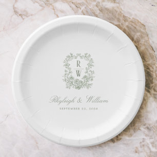 Sage Green French Floral Monogram Crest Paper Plate