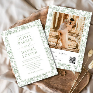 Sage Green French Floral Photo QR Code  Invitation