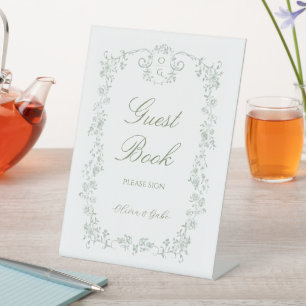 Sage Green French Floral Wedding  Guest Book  Pedestal Sign