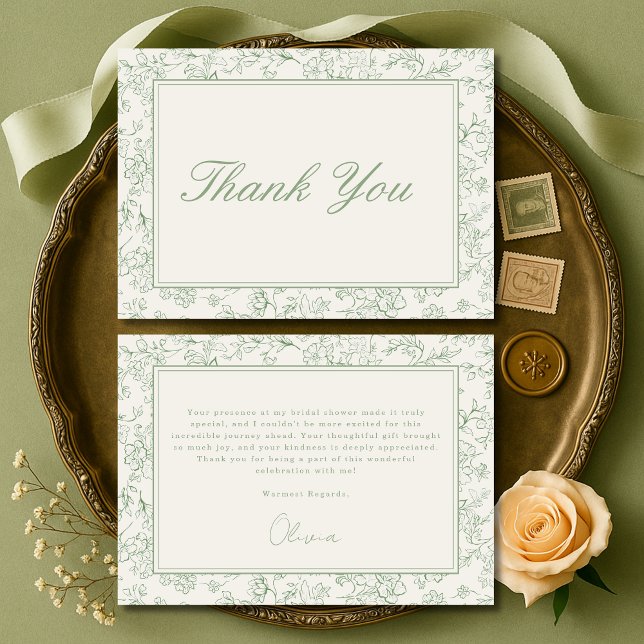 Sage Green French Ivory Bridal Shower Thank You Card (Creator Uploaded)