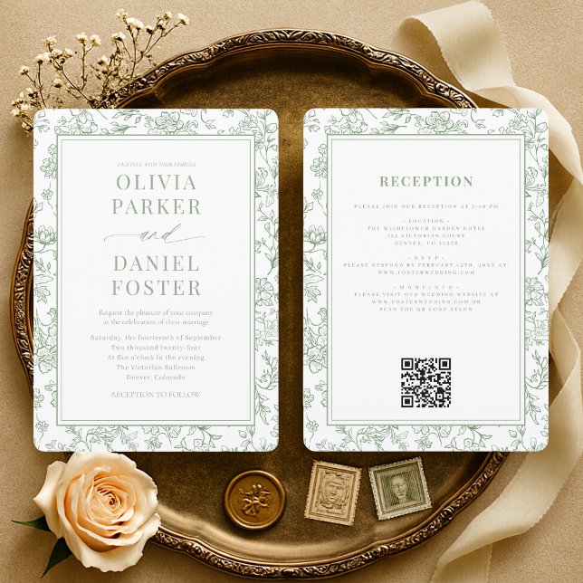 Sage Green French QR Code Floral Wedding Invitation (Creator Uploaded)