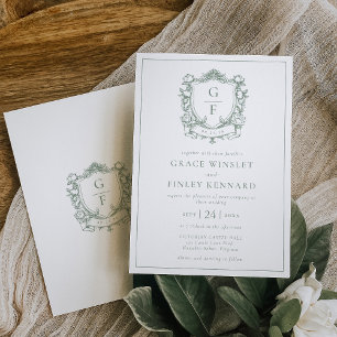 Sage Green French Roses Monogram Crest Wedding Invitation