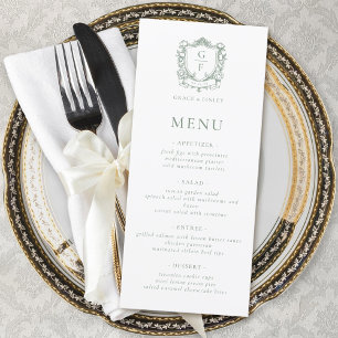 Sage Green French Roses Monogram Crest Wedding Menu