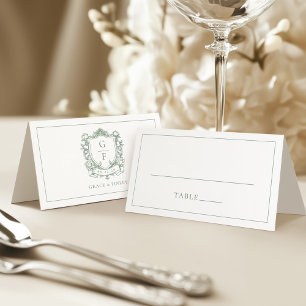 Sage Green French Roses Monogram Crest Wedding Place Card