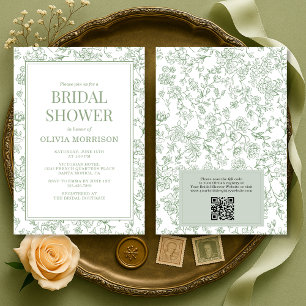Sage Green French Toile QR Code Bridal Shower Invitation