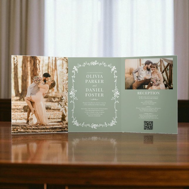 Sage Green French Victorian QR Code Photo Wedding Tri-Fold Invitation (Creator Uploaded)