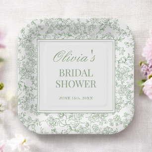 Sage Green French Vintage Floral Bridal Shower Paper Plate