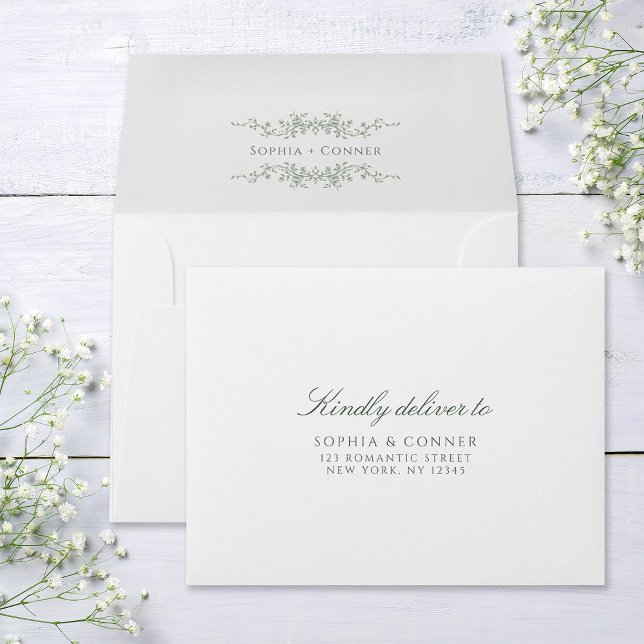 Sage Green French Wedding Pre-Printed Address RSVP Envelope (Front & Inside)