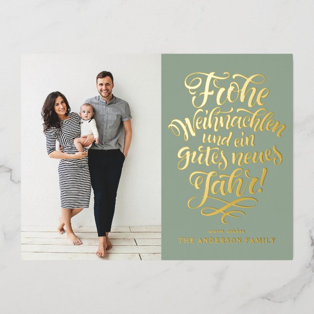 Sage Green Frohe Weihnachten Calligraphy Photo Foil Holiday Postcard (Front)