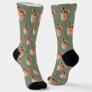 Sage Green Funny Custom Daughter Face Photo Crew Socks