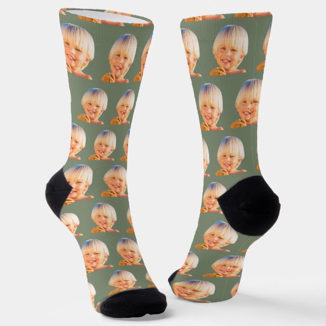 Sage Green Funny Custom Son Face Photo Crew Socks (Angled)