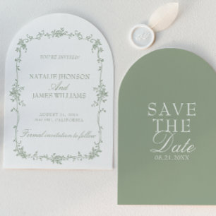 Sage Green Garden Floral Old Money Arched Wedding Save The Date