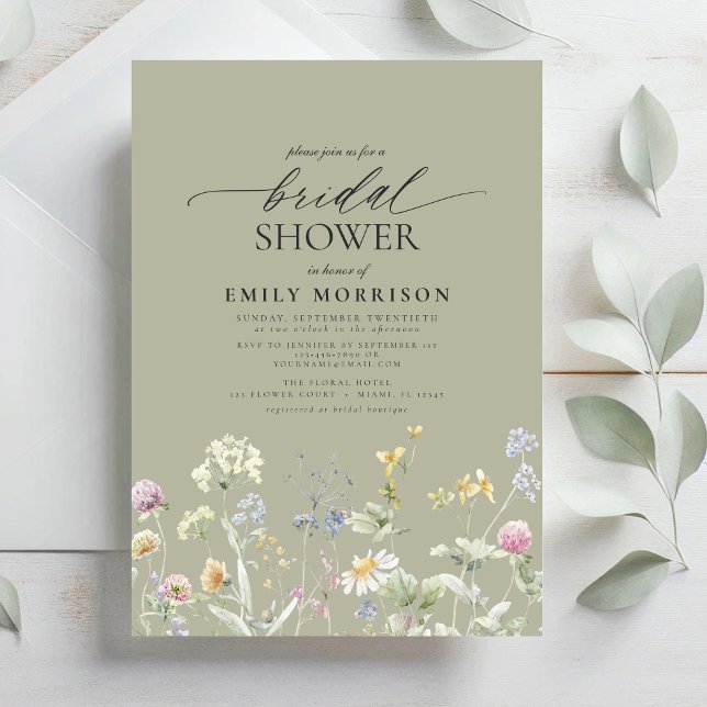 Sage Green Garden Flowers Script Bridal Shower Invitation (Creator Uploaded)