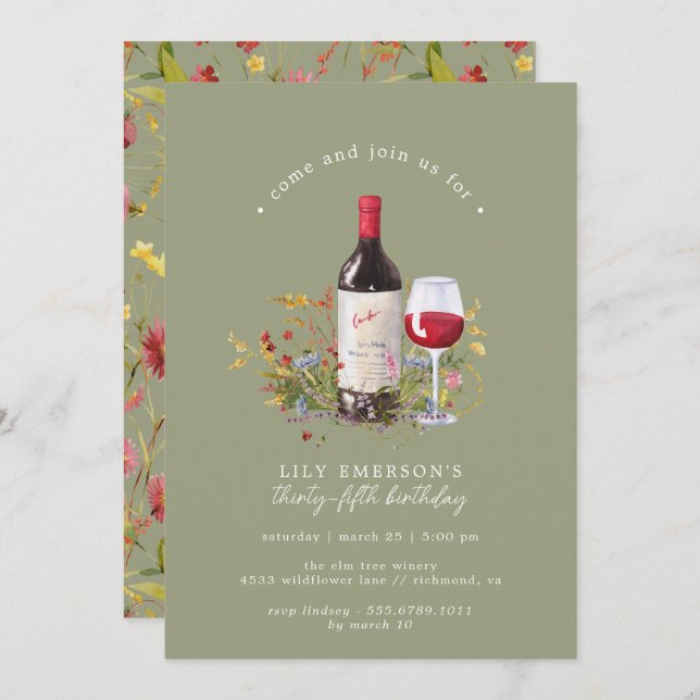 Sage Green Garden | Wine Tasting Adult Birthday Invitation (Front/Back)