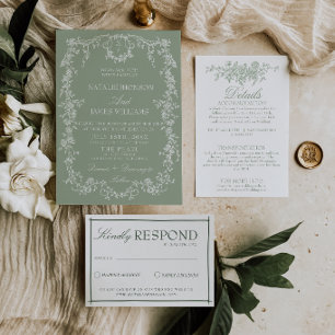 Sage Green Garden Woodland Monogram Boho Wedding Invitation