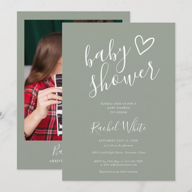 Sage Green Gender Neutral Baby Shower Photo Invitation (Front/Back)